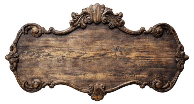 Ornate vintage wooden signboard with intricate carved details, isolated on transparent cutout background