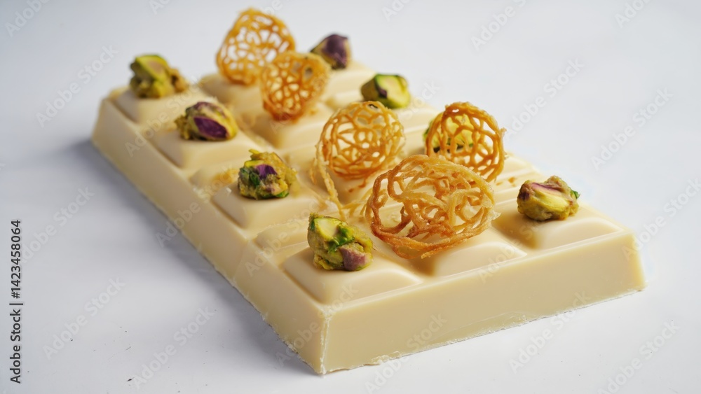 Poster a white chocolate bar with nuts and a lattice design. the chocolate bar is cut into squares and has 