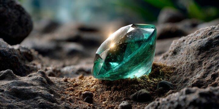 Large emerald gemstone shining on rocky terrain