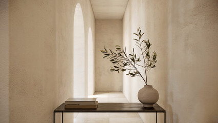 Elegant interior hallway showcasing minimalist design with a vase and greenery on a table.