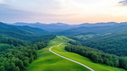 Serene mountain road winding through lush valleys