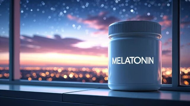 A container with the inscription melatonin on the windowsill at night