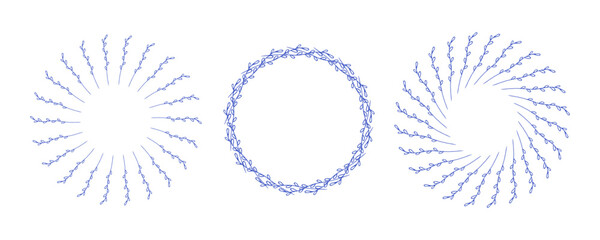 Simple flower circle frame set. Hand drawn blue round line border, leaves and flowers, wedding invitation and cards, logo design and posters template. Elegant minimal style floral isolated set