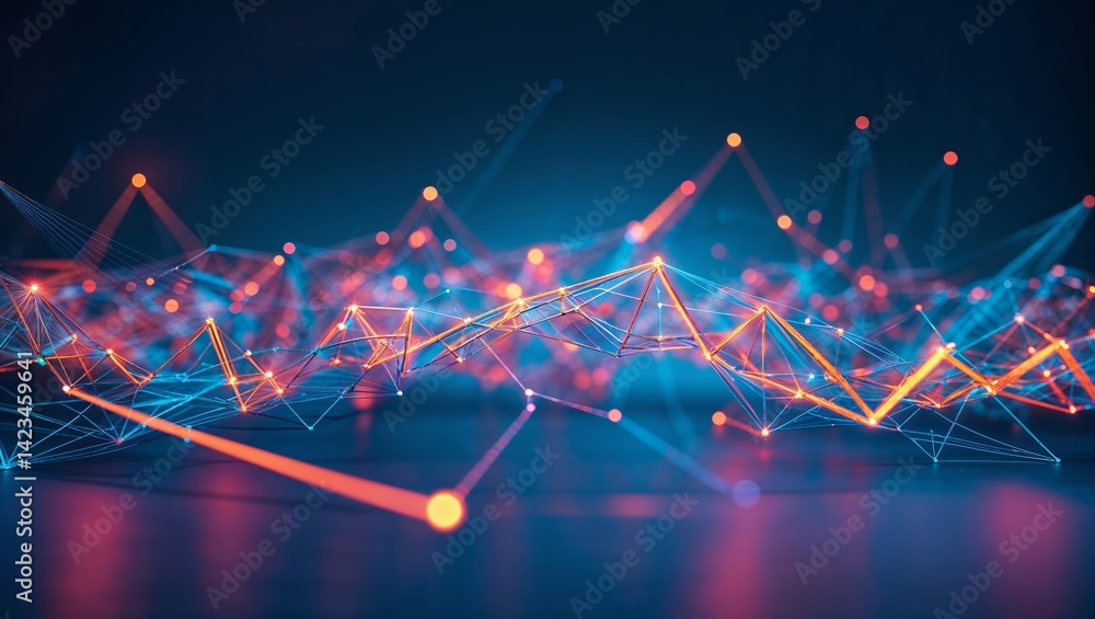 Poster Dynamic network of glowing lines and dots illustrating interconnected data points in a futuristic digital landscape during twilight hours