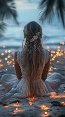 Fototapeta premium Woman in a white dress sitting on the beach at sunset, surrounded by glowing lights and palm trees