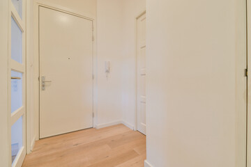 A welcoming indoor entrance hall featuring a sleek design with natural light, wooden flooring, and white walls that create an airy atmosphere.