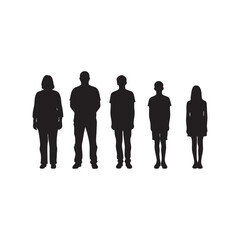 Minimalist Vector Silhouette Set of a Family Group with Three Adults and Two Children in Different Heights