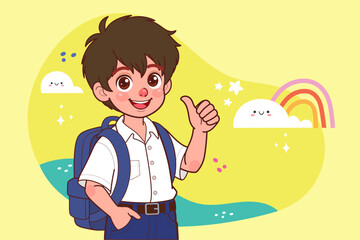 A schoolboy raise thumb up give feedback. Cartoon People Vector Illustration.