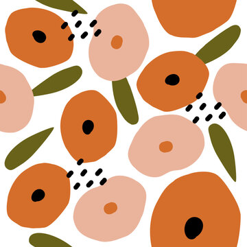 Fototapeta Abstract scandinavian folk floral with leaves and dot seamless pattern