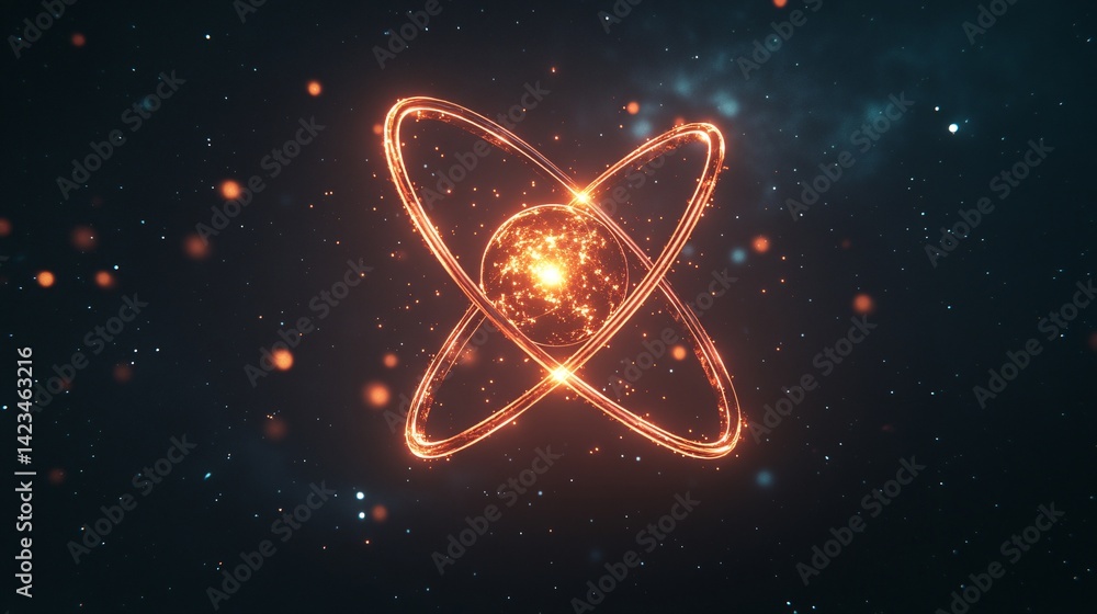 Poster glowing atom is surrounded by particles in space