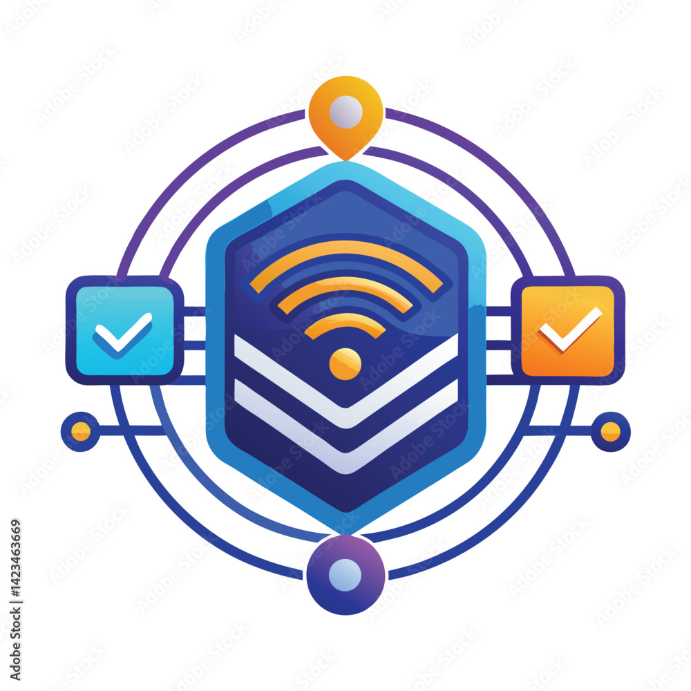 Poster modern vector logo representing biometric payment innovation featuring interconnected elements for e