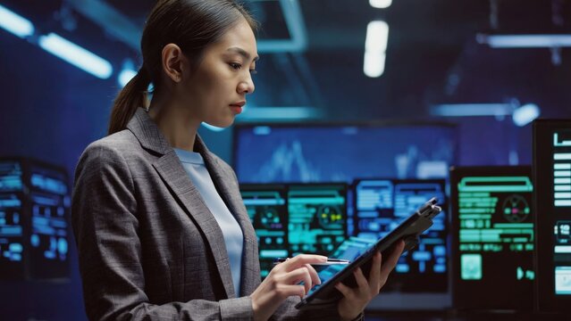 Professional woman working with a digital tablet, focusing on business analytics and cybersecurity tasks in a high-tech office environment.