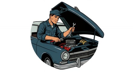 Vintage car repair mechanic illustration retro automotive maintenance