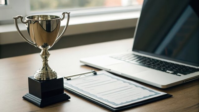 Trophy and certificate on a desk beside a laptop, symbolizing achievement and success.