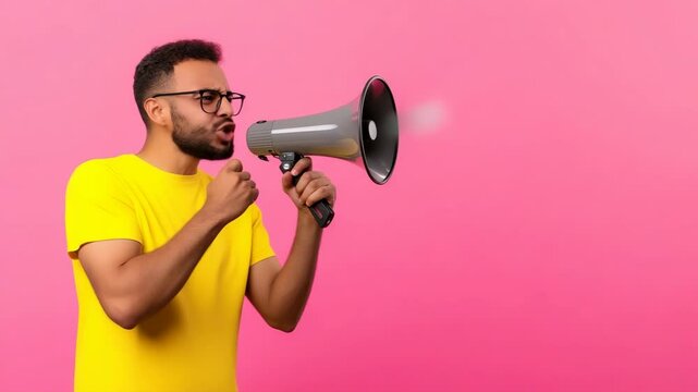 A man in a yellow shirt is holding a megaphone and yelling into it. Concept of excitement and enthusiasm, as if the man is trying to get someone's attention or make a statement