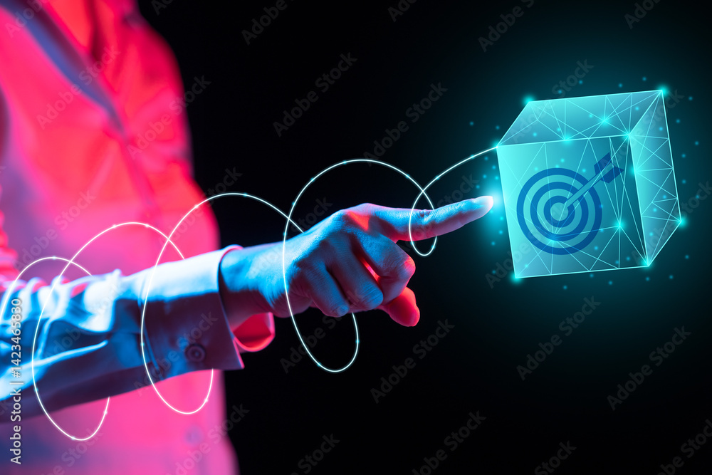 Poster businessperson touching target goal icons on a wireframe cube. data management system. smart corpora