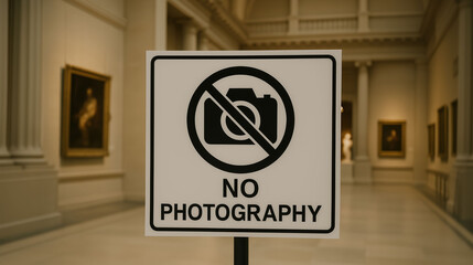 No photography signboard at entrance of antique  archaeology museum 