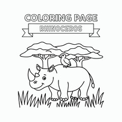 Rhinoceros Animal Coloring Pages for Kids – Simple Black and White Line Drawings Vector Art Illustration.