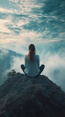 Fototapeta premium Woman meditating on a rocky peak surrounded by misty mountains and cloudy sky at dawn