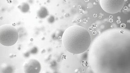 Abstract white spheres and sparkling diamonds floating in air background 3d art grey soft light shiny