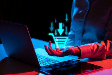 Businessperson showing shopping cart icon. Technology innovation on a virtual screen. Concept of...