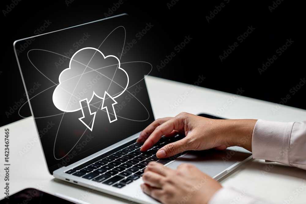Poster businessperson using a laptop with cloud computing icon on the screen. technology innovation on a vi
