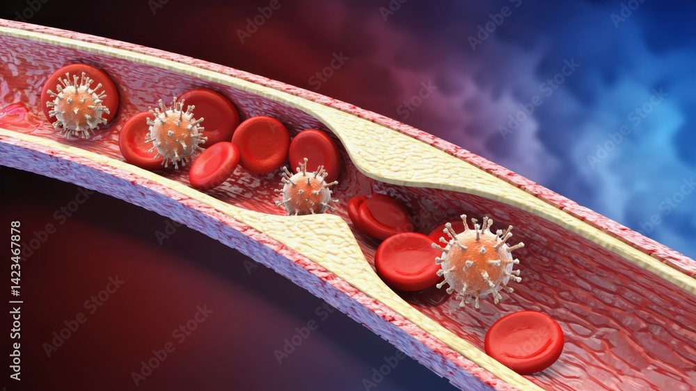 Poster this is a computer-generated image depicting red and white blood cells with viruses, simulating the 