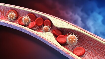 This is a computer-generated image depicting red and white blood cells with viruses, simulating the process of infection within the human circulatory system.