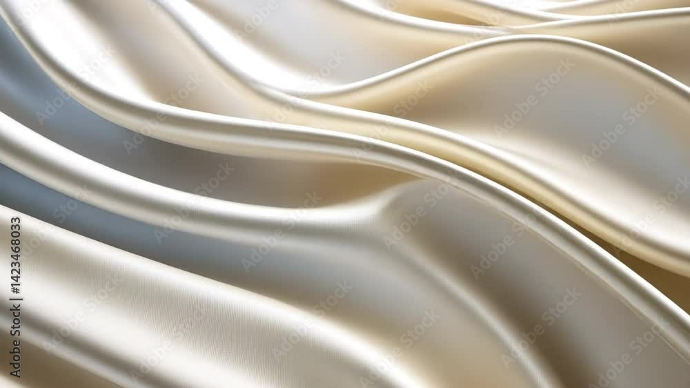 Poster luxurious satin fabric in creamy beige drapes elegantly, showcasing soft waves and smooth texture, c