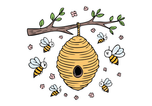 dessin de ruche avec des abeilles