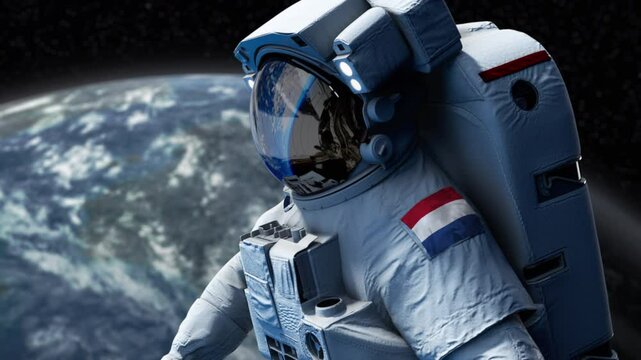 Netherlands Astronaut with arm patch flag floating through space. Space program. Spaceman. Earth in background. The country showing national pride. 