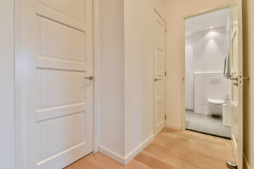 A sleek, modern hallway featuring white doors, leading to a contemporary bathroom. The minimalist design emphasizes clean lines and neutral tones.