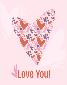 Cute Valentine's Day greeting card with romantic floral elements and heart shapes. Flat vector style, perfect for love messages, romantic gifts and seasonal promotions.
