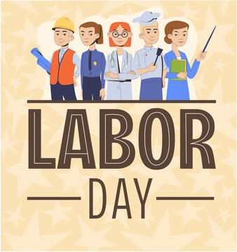 Flat vector illustration for Labor Day or International Workers' Day. Workers holding tools, banners and flags. Suitable for holiday cards, posters, and web design. Warm colors