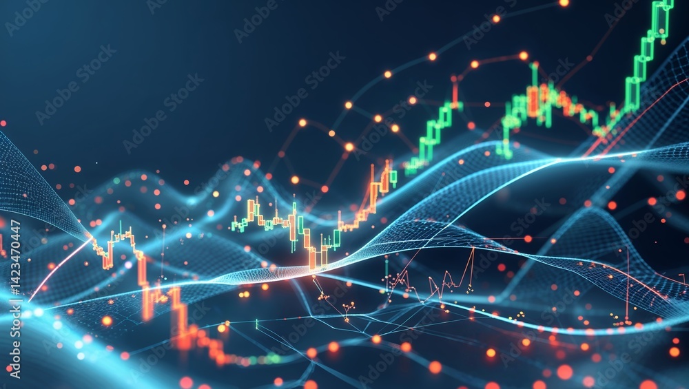 Poster stock market analysis during high volatility with chart patterns and data points illuminated