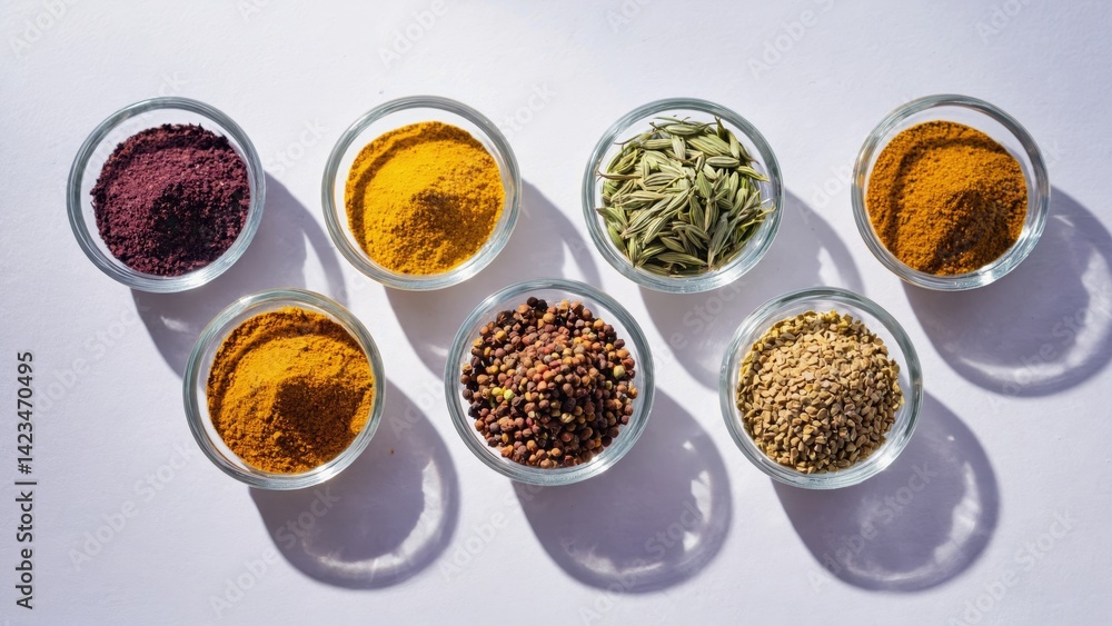 Poster a row of small bowls filled with various spices. the spices are arranged in a way that they are all 