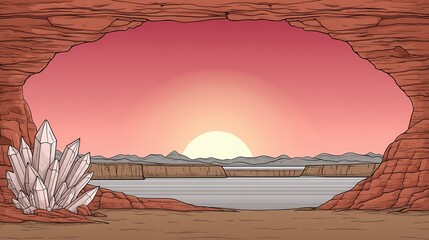 Pink And Orange Desert Sunset View From Cave With Crystals