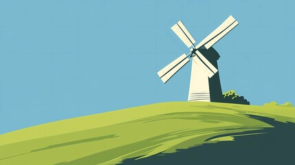 Fototapeta premium Windmill on green hill illustration