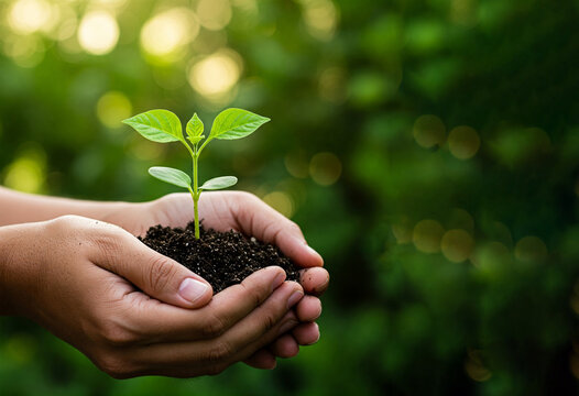 Close up pair of hands gently holding small, vibrant green seedling with soil, blurred background of green foliage. Growth, nature and sustainability. Care for future a symbol of growth and new life.