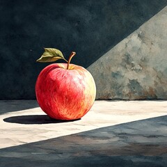 Dramatic watercolor still life of a red apple with a leaf under strong directional light. The dark background adds contrast and elegance for bold design themes.