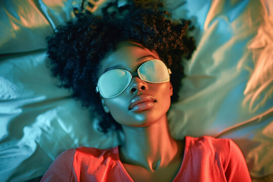 Young African-American woman with eye sleeping mask sleeping in bed. National Napping Day - Powered by Adobe