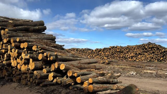 Freshly cut logs are stacked high in a lumber yard, ready for processing, with a large pile in the background and a cloudy blue sky overhead