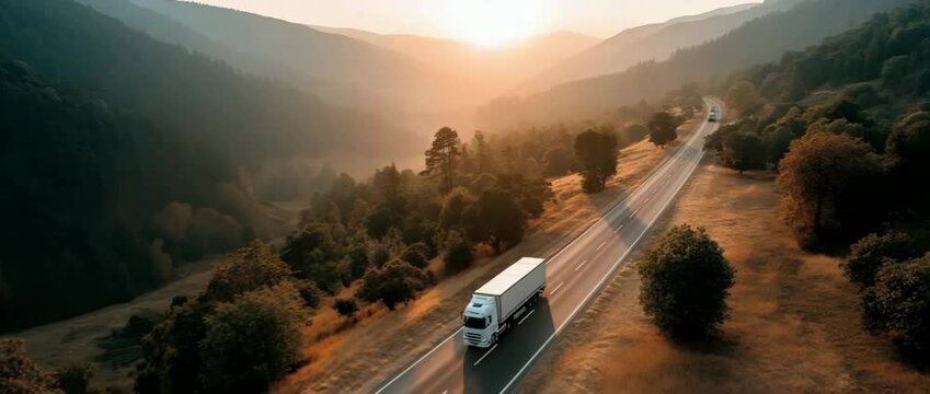truck on the highway transporting goods.  delivering freight while traversing the mountains on an asphalt road.  as seen from above.  landscape as seen from above.  filmmaking with a drone