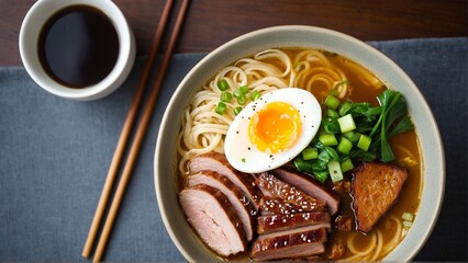 Delicious bowl featuring rich broth, tender noodles, a perfectly cooked egg, succulent meats, and fresh greens, presented with chopsticks and dipping sauce.