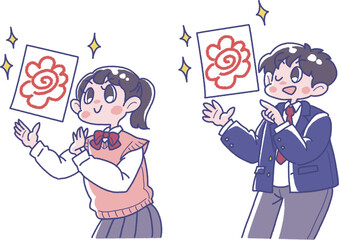 輝く花丸のテストの答案用紙を見せる男の子と女の子のイラスト