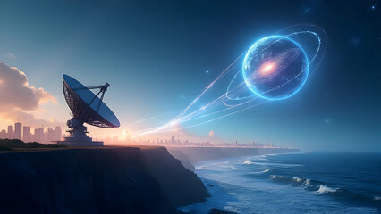 Starlink Satellite Network Over Coastal Cityscape