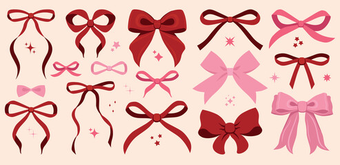 Red satin ribbons. Red ribbon with bows. Trendy hand drawn design for textiles, home decor, packaging. Vector bow and ribbon for Christmas gifts, Valentine's Day, birthday.Trendy cute girl accessories