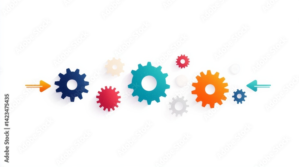 Poster colorful gears and arrows arranged on a white background representing teamwork and collaboration