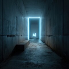 Obraz premium Futuristic tunnel with neon blue light and illuminated AI sign at the end, dark concrete walls creating a high-tech sci-fi atmosphere and digital innovation theme