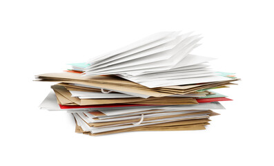 Stack of different paper envelopes on white background. Post office